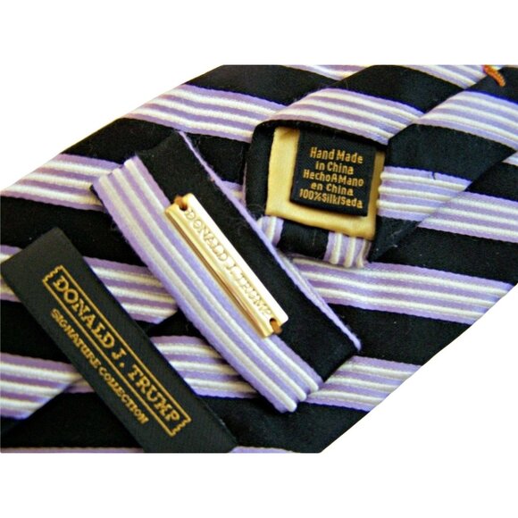 Donald Trump Mens Signature Collection Tie Black White Violet Striped 100% Silk - Picture 3 of 7